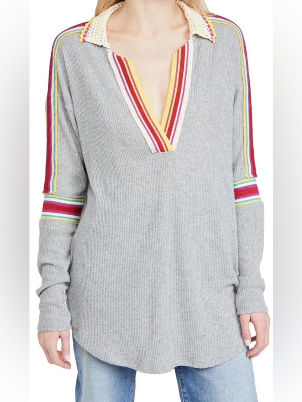 We The Free People Tunic Top M Feeling Magical Gray Rib Knit Oversized Crochet